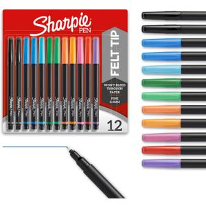 Sharpie Felt Tip Pens, Fine Point Pens (0.4mm), Felt Tip Markers, Assorted Colors, 12 Count - Journaling, Art, Drawing, Markers