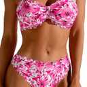 Women's Two Piece Strapless Tube Top Mid Waist Bottom Bikini Set Sexy Bathing Swimsuits (Medium, Rose Red Floral)