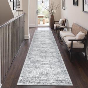 Rug Runners for Hallways Non Slip - 2x8 Runner Rug for Bedroom, Washable Runner with Rubber Backing, Soft Low-Pile Carpet for Kitchen, Laundry, Bathroom (2'x8', Grey/Ivory)