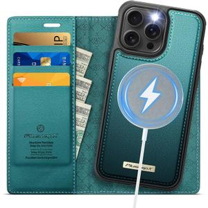 Wallet Case for iPhone 15 Pro Max Compatible with Magsafe, 2-in-1 PU Leather Flip RFID Blocking Card Holder Stand Shockproof Magnetic Detachable Cover for iPhone 15 Pro Max 6.7", Bluegreen