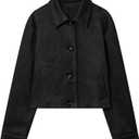 Women's Faux Suede Cropped Jackets Button Down Coat Cropped Casual Jacket Fall Fashion Outerwear Trendy Clothes (Medium, Black)