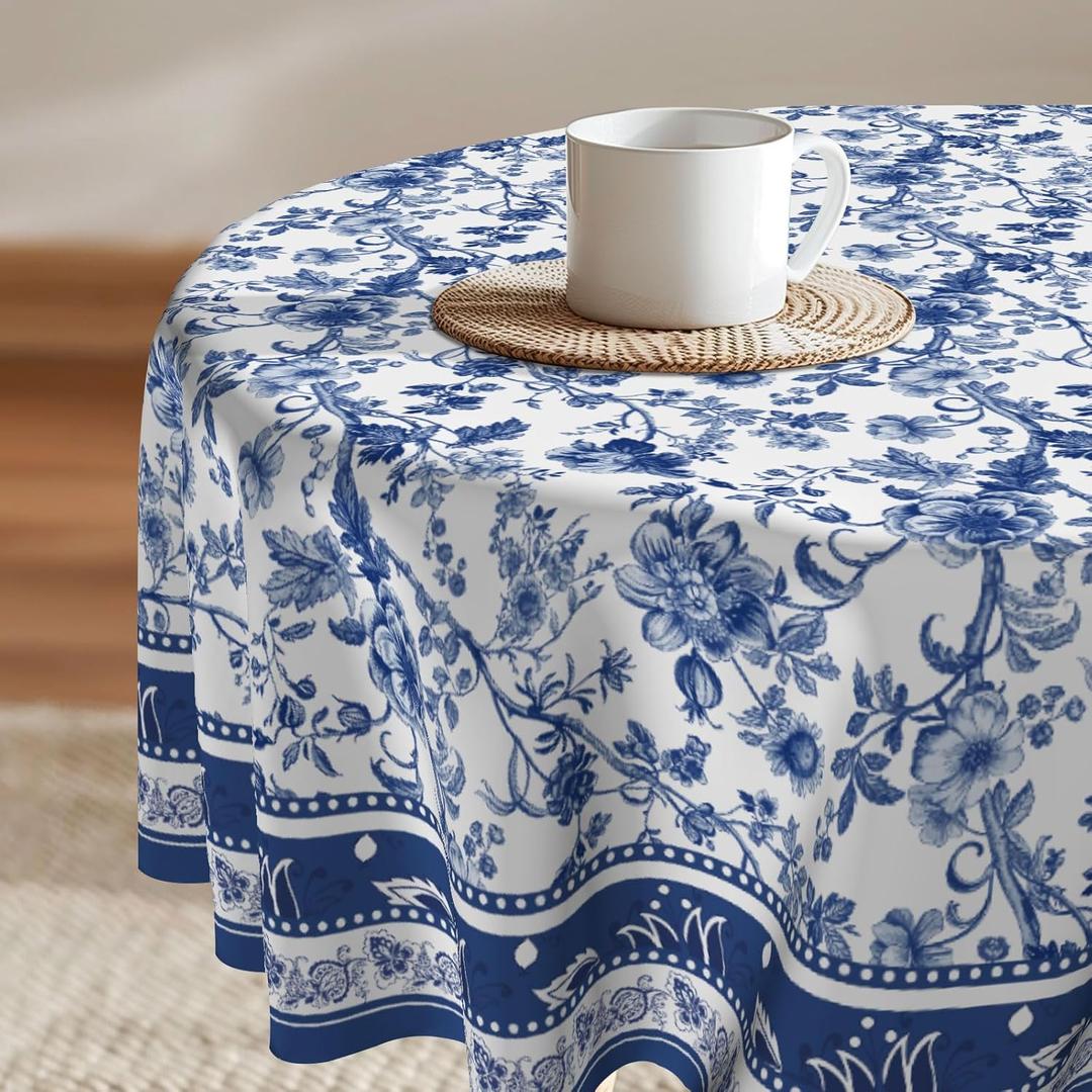 Imiss Rustic Blue Floral Round Table Cloth Blue and White Washable Wrinkle Resistant Table Cover 60 Inch Vintage Bohemian Style Tabletop Decoration for Holiday Outdoor Dining Party Picnic