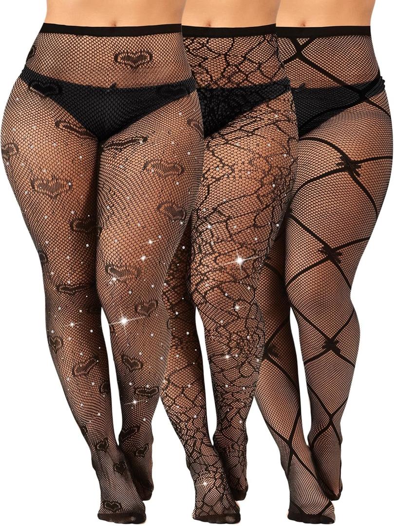 Geyoga 3 Pair Plus Size Rhinestone Fishnets Stockings Glitter Sparkly Tights High Waist Black Fishnet Pantyhose for Women (Large-X-Large)