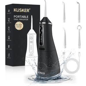 Water Dental Flosser Cordless, KUSKER 500ML Portable Oral Irrigator for Teeth, 5 Modes and 4 Jet Tips, IPX7 Waterproof, Rechargeable for 30-Days Use, Home, Travel, Braces(Black)