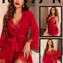ROJZR Women Lingerie Set 3 Piece Babydoll Lace Kimono Robe Strap Chemise Nightgown Mesh Sleepwear Bodysuit (Red)