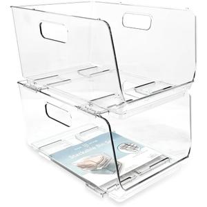 Isaac Jacobs 2-Piece (11.9" x 8.6" x 6.1") Large Deep Stackable Clear Storage Bins w/Open Front, Versatile Use, Set of 2, Desk, Office, Bathroom, Bedroom, Closet