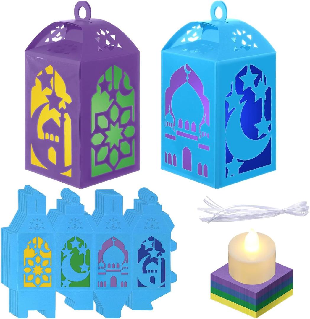 Simgoing 12 Sets Eid Mubarak Crafts with LED Candles Lights DIY Ramadan Tissue Paper Lanterns Crafts Kits DIY Make Your Own Moon Star Lanterns for Ramadan Mubarak Party Decor Classroom Activities