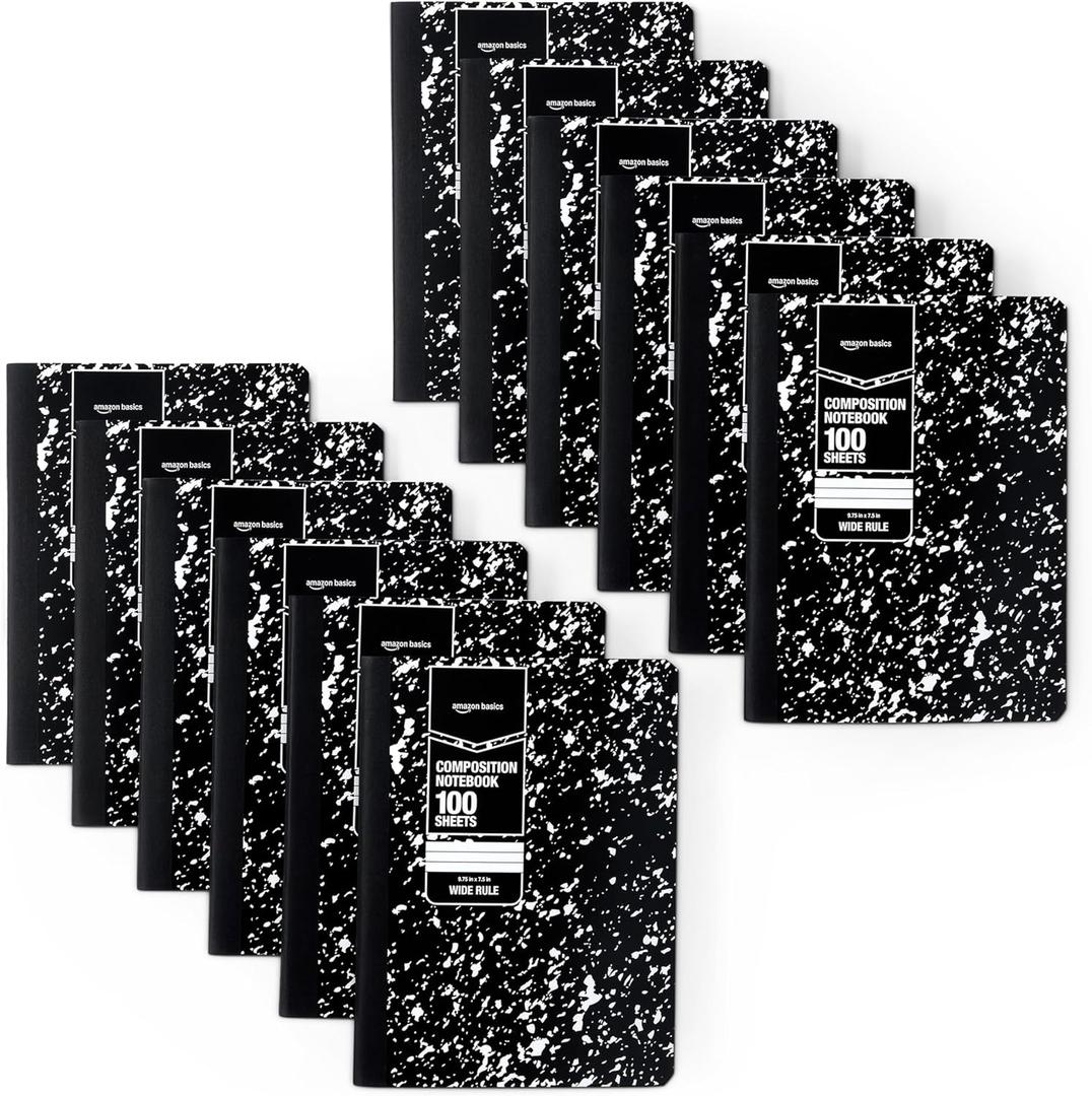 Amazon Basics Composition Notebook, Wide Ruled, 100 Sheets, 9.75" x 7.5", Marble Black, 12-Pack