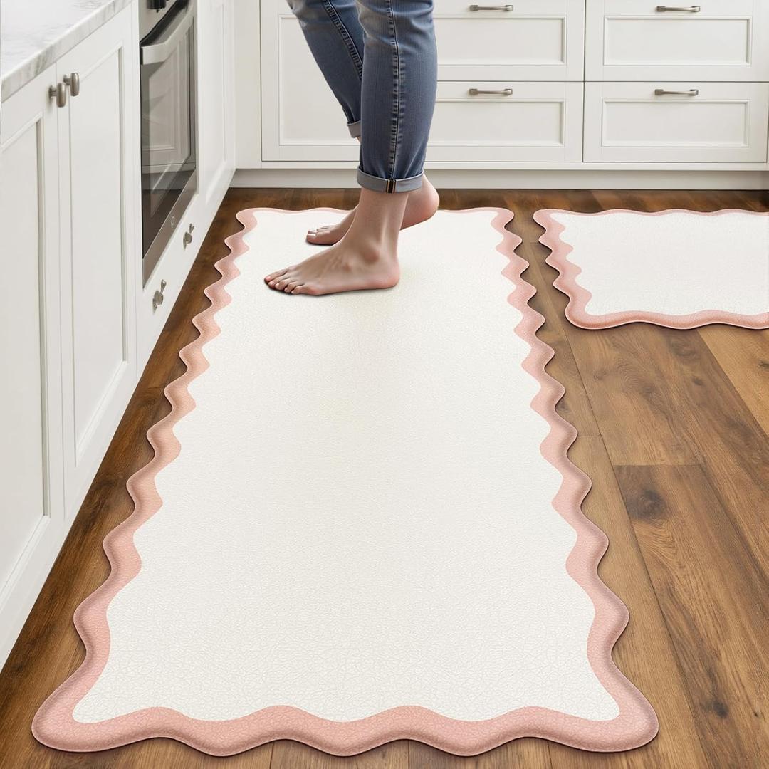 Scalloped Pink Kitchen Mats Rugs Sets of 2 Cushioned Anti Fatigue Floor Mat Waterproof Kitchen Rugs Non Slip Foam Comfort Standing Mat for Sink Laundry (17.3"x30"+17.3"x47", Bi-tone- Blush Pink/White)