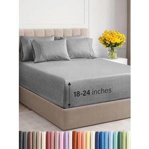 Extra Deep Cal King Sheet Set - 6 Piece Breathable & Cooling Sheets - Hotel Luxury Bed Sheets Set - Easy Fit - Soft, Wrinkle Free & Comfy Sheets Set - Heathered Grey Sheet Set w/Extra Deep Pockets