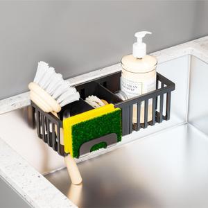 Yieach Black In Sink Sponge Holder for Kitchen Sink Organizer,3-In-1 In Sink Caddy with Suction Cups,Plastic Scrub Brush and Sink Ccrub Holder,New Home Must Haves Sponge Caddy,Dish Soap Rack,Dispenser