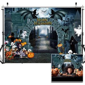 7X5FT Halloween Backdrop Night Scary Castle Pumpkin Moon Bat Graveyard Happy Halloween Party Banner Photography Backdrop Photo Background DH-205