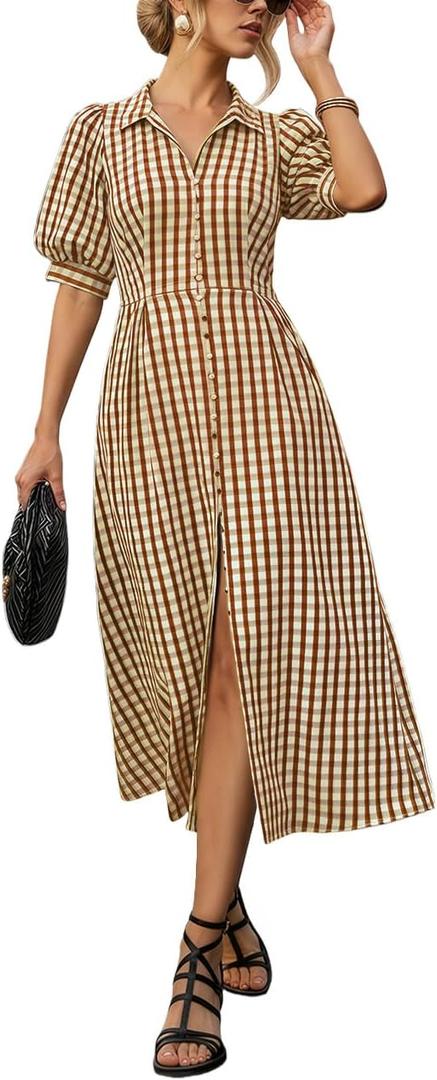 kipfall Gingham Summer Dresses for Women 2026 Slit Hemline Trendy Puff Sleeve Button Down Midi Dress (X-Large, Plaidbrown)