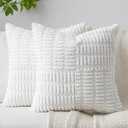 Patchwork Throw Pillow Covers Set of 2 Striped Soft Corduroy Square Decorative Couch Pillow Cases Boho Accent Farmhouse Home Decor for Bed Sofa Living Room, White, 18x18-Inch