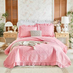 Ruffles Quilt Set Queen Size 96 * 96in - 3 Pieces Solid Shabby Chic Farmhouse Ruffled Bedding Rustic Coverlet Lightweight Fluffy Summer Oversized Bedspread with Shams for Women Men Pink