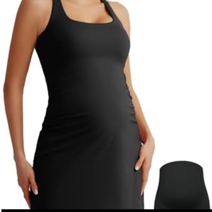 Maacie Maternity Tennis Dress with Shorts and Built in Bra Scoop Neck Sleeveless A-line Workout Golf Dress with Pockets, Black, Medium