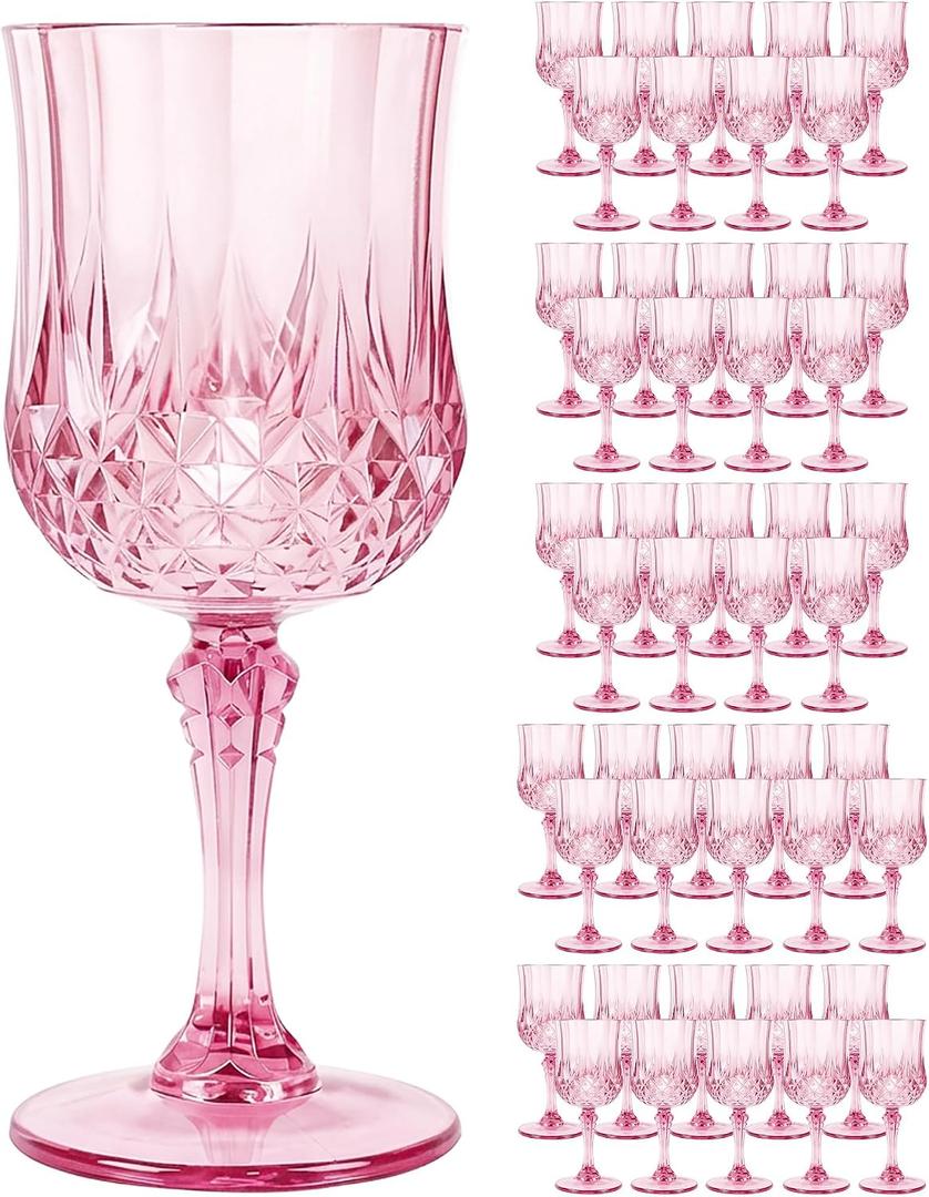 Plastic Wine Glasses Set, 7oz Vintage Goblets Shatterproof Unbreakable Reusable & Disposable, Drinking Glasses with Stem, for Wedding Outdoor Dinner Party (48pcs, Pink), 2.7 inches x 6.7 inches