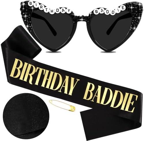 Hapdoo Birthday Baddie Sash and Sunglasses for Women, Black “BIRTHDAY BADDIE” Sash with Gold Foil for Girl, Happy Funny Birthday Decorations Baddie Accessories for Women Men Party Favors Supplies