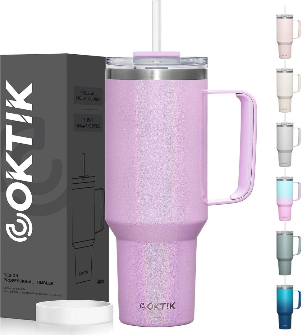 COKTIK 40 oz Tumbler With Handle and Straw Lid, Vacuum Insulated Travel Coffee Mug Stainless Steel Insulated Cup for Beverages, Leak-proof, Cupholder Friendly (Lavender Shimmer)