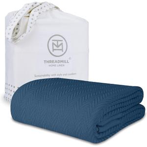 Threadmill Luxury Cotton Blankets for Queen Size Bed | All-Season 100% Cotton Queen Size Blanket | Herringbone Soft Breathable Fall Thermal Blanket fits Full Size Bed | Folkstone Blue