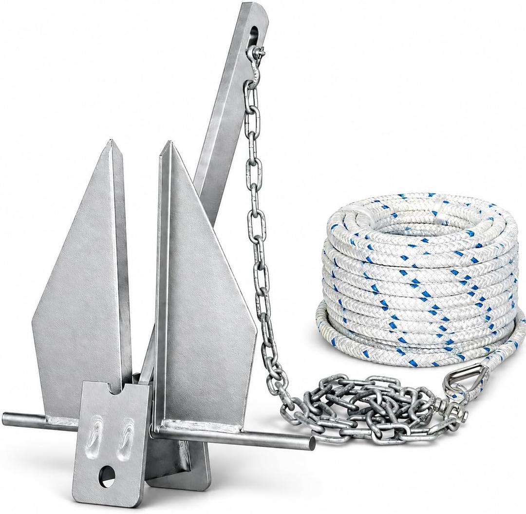 Galvanized Fluke Anchor Kit Includes Anchor Chain, Rope and Shackles, for Pontoons, Dinghies, Fishing Boats, Bass Boats, Sport Boats, Sport Yachts, 5/8/10/13 lb Boat Anchor Kit