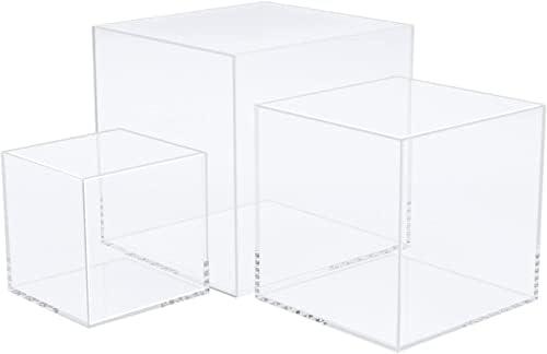 Clisela 3pcs Acrylic Cube Display Stands Box Risers with Hollow Bottoms, Food Risers for Buffet Table, Decorative Display Stand Shelf for Dessert Collectibles Jewelry Figures Show - Clear 3" 4" 5"