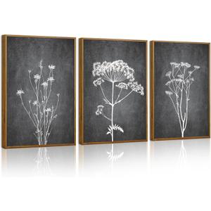 Tinonedraw Black and White Floral Framed Canvas Wall Art Set, Vintage Flower Wall Decor, Dark Academia Minimalist Botanical Art Paintings, Wildflower Art Print for Living Room Bedroom Office 16"x24"x3, 24L" x 16W"