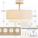 Double Drum 3 Light Semi Flush Mount Ceiling Light, Close to Ceiling Light Fixture, 16 Inch with Fabric Linen Shade, Gold Brass, for Living Room, Bedroom, Dining Room,Hallway and Entryway