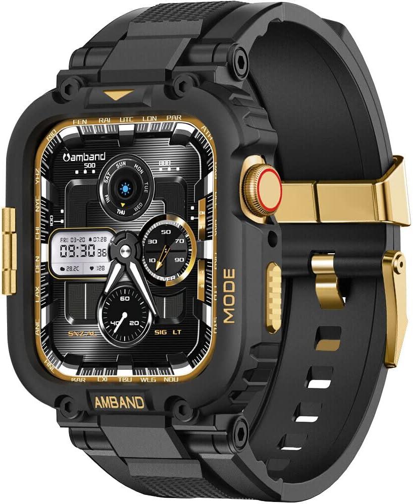 amBand Bands Compatible with Apple Watch 9/8/7 45mm, M1 Sport Series Rugged Case Protective Cover for iWatch 6/SE (3/2/1)/5/4/3 44mm 42mm Black Gold