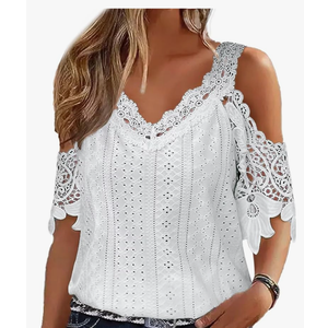 Flamingals Women's Cold Shoulder Eyelet Short Sleeve Hollow Out Lace Floral Sleeveless Blouse Top, M
