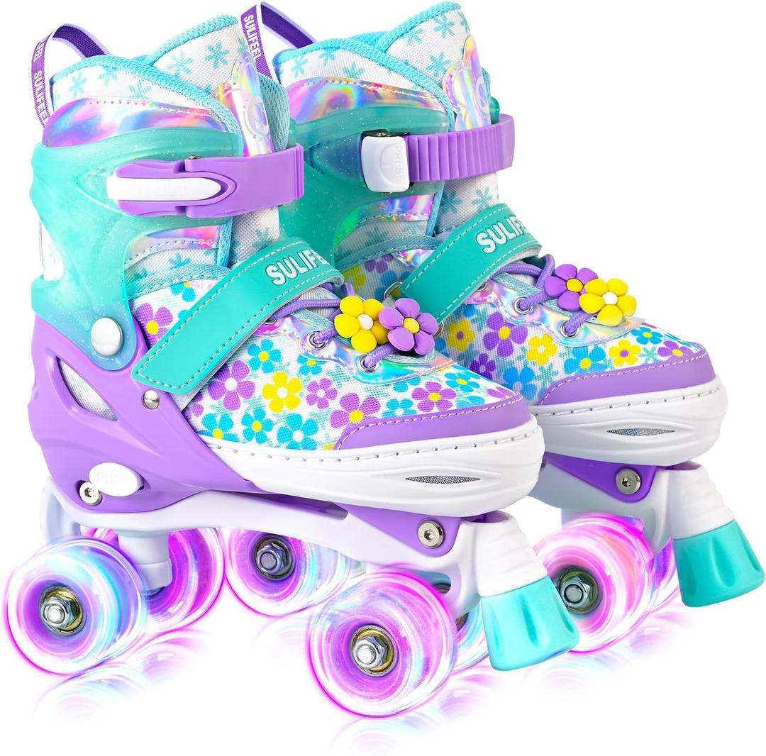 SULIFEEL Rainbow Unicorn 4 Size Adjustable Light up Roller Skates for Girls, Boys, and Kids, Floral Blue, Medium - Big Kid