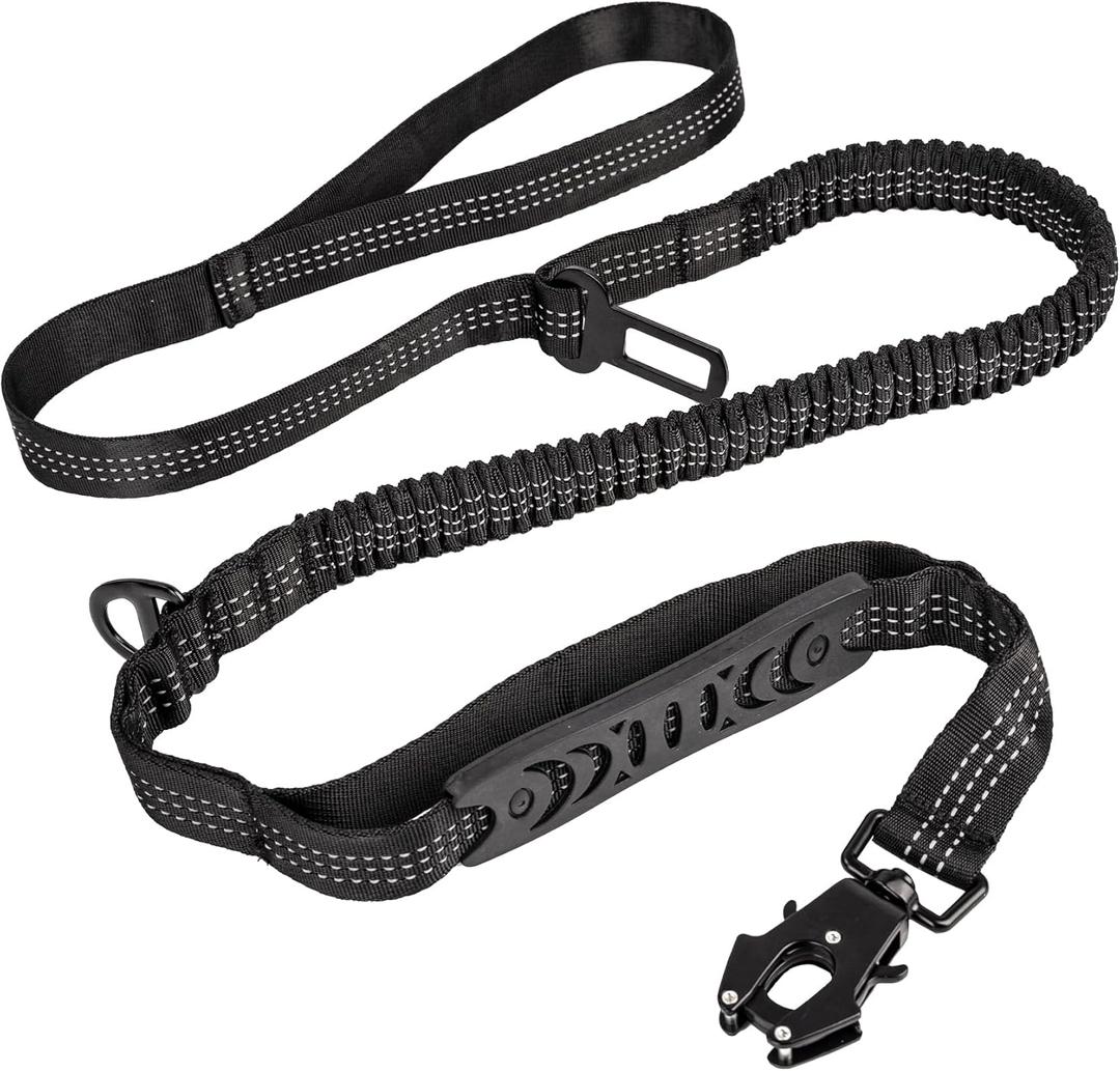 Moysoon High Reflective Stretch Dog Leash with Comfort 2 Padded Handles, with Car Seat Belt Buckle and Metal Carabiner, Black, (L)