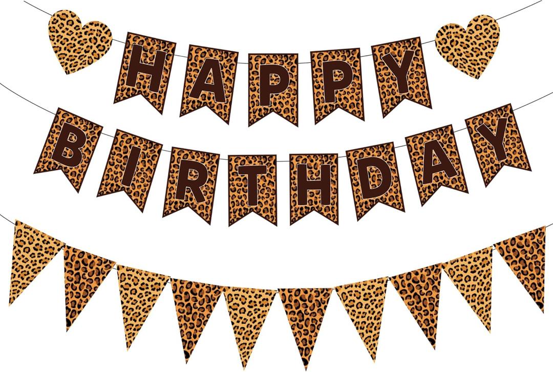 Cheetah Print Birthday Decorations,Leopard Birthday Banner Pennant Banner,Cheetah Leopard Print Party Decor Supplies for Adults Women Girl (Brown)