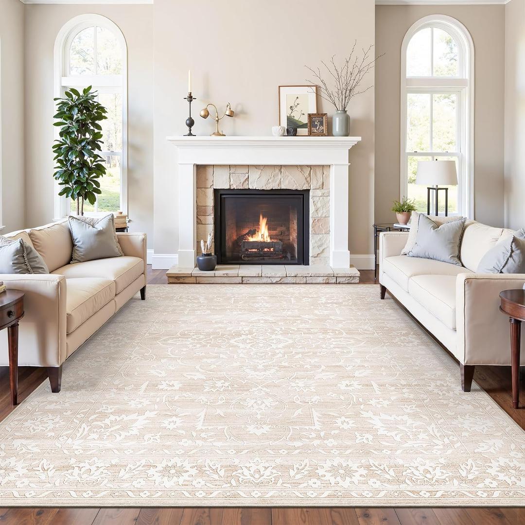 8x10 Area Rugs for Living Room, Stain Resistant Washable Rug for Dining Room, Bedroom, Floral Vintage Non-Slip Thin Carpet Beige