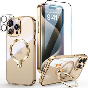 [Tri-Shield Protection] for iPhone 15 Pro Max Case with 360 Spin Stand Compatible with MagSafe [Magnetic CD Ring] [Screen & Camera Lens Protector] Shockproof Plating Never-Yellowing, Gold-6.7"