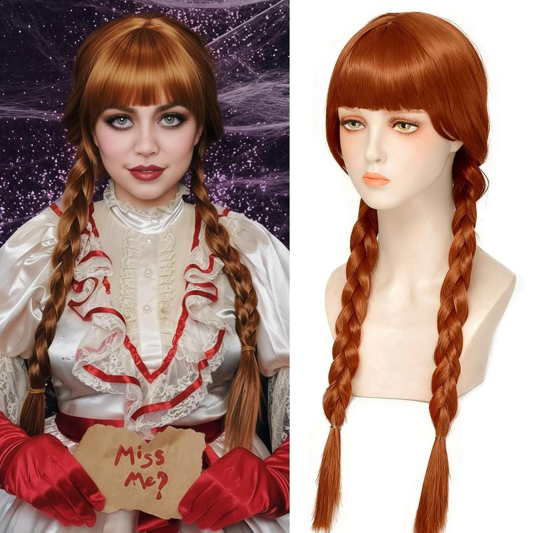Rose bud Anime Costume Agnes Annabelle Cosplay Wig Long Hair Heat Resistant Adjustable Fit 23 Inches Double Braided Orange Wigs With Bangs for Halloween Cosplay