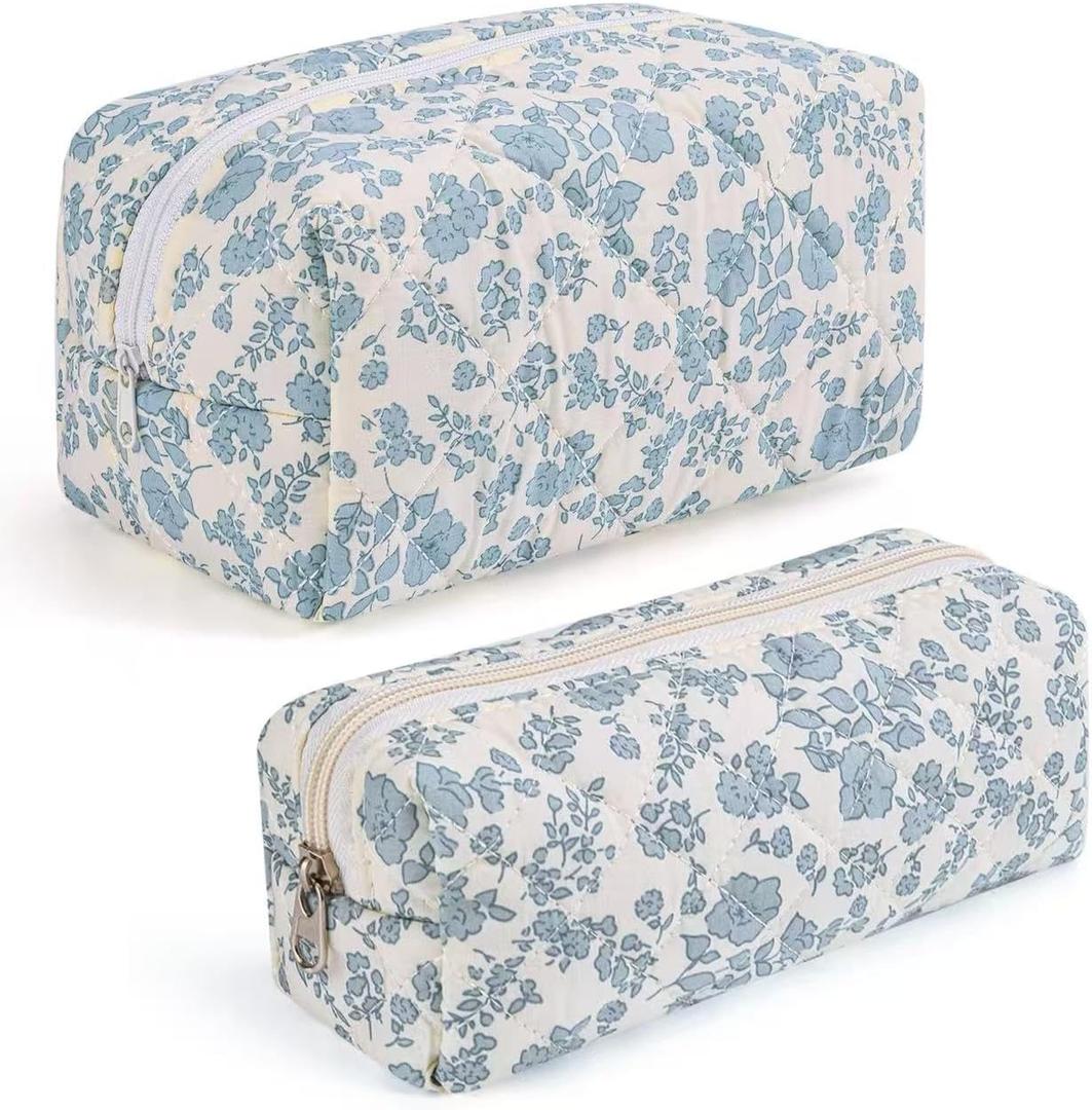2 Pcs Makeup Bag Travel Cosmetic Bag，Cute Floral Quilted Makeup Bag Set for Women Girls，Cotton Travel Toiletry Zipper Make Up Pouch (Blue Floral)