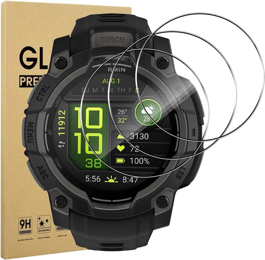 4 Pack Anti-Scratch Film for Garmin Instinct 3 (45mm) AMOLED/Solar Screen Protector, HD Tempered Glass Protective Cover for Garmin Instinct 3 Smartwatch, 9H Hardness, Bubble-Free, Easy Installation
