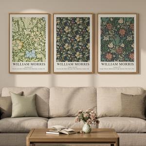 Large Framed William Morris Green Wall Art Set of 3, Vintage Floral Canvas Picture Paintings for Walls, Rustic Botanical Floral Artwork Prints for Living Room, Bedroom, Dining Room, Hallway, Office Wall Decor, Total Size 30x60 In, 20"W x 30" H x 3Pcs