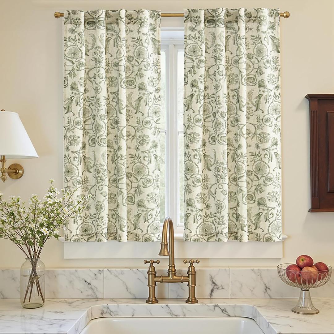 jinchan Small Window Curtains 45 Inch Linen Floral Curtain Set for Kitchen Bathroom Cafe Curtains Light Filtering Window Treatment Farmhouse Cottagecore Back Tab Drapes 2 Panels Green on Beige