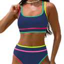 popvil Women's High Waisted Bikini Sets Neon Two Piece 2026 Swimsuit Sporty Adjustable Straps Bathing Suit (Medium, Blue2)