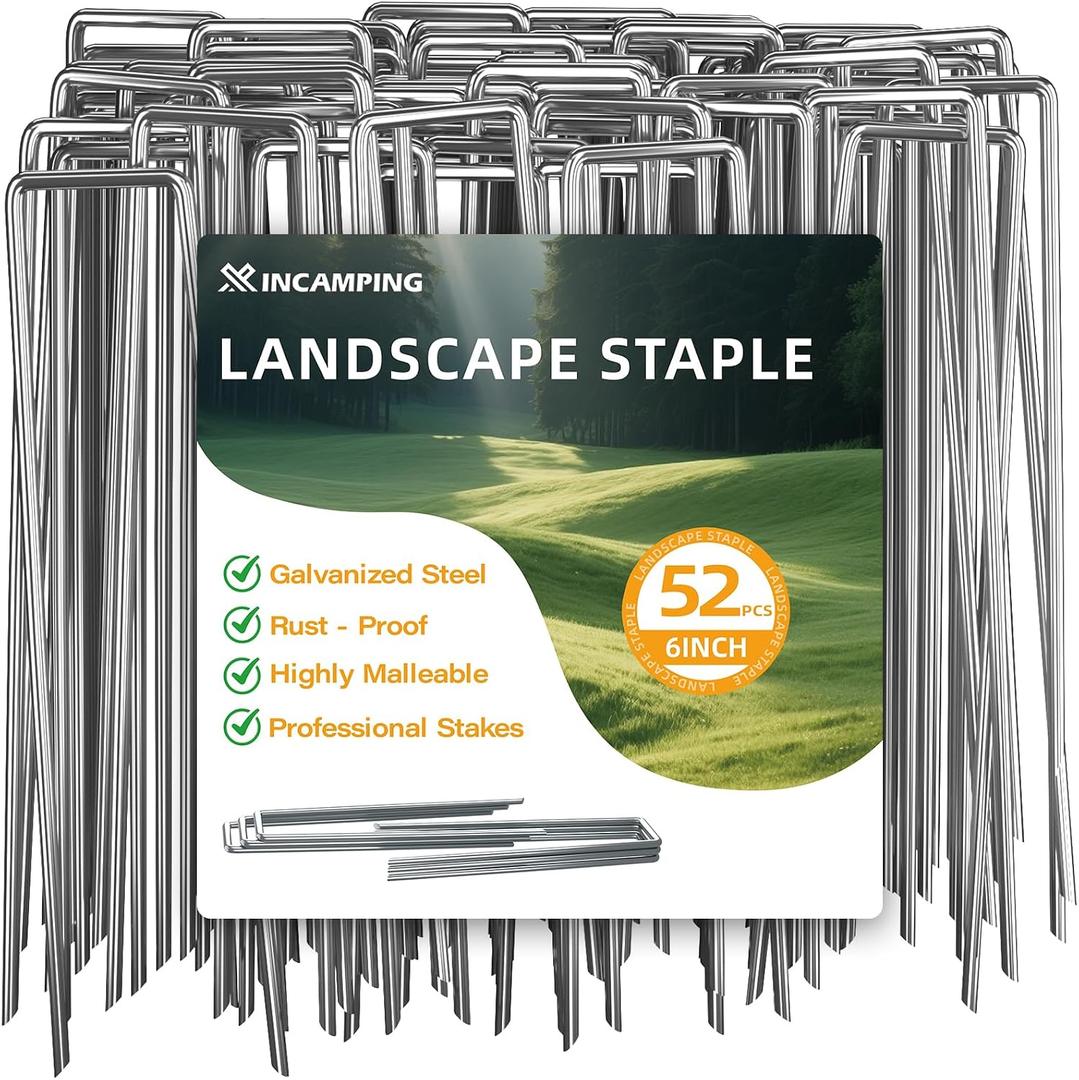 52 Pack 11 Gauge Landscape Staples - 6 Inch Heavy Duty Galvanized Garden Stakes, Adjustable Rust-Proof U-Shaped Plant Cover Spikes & Sod Pins for Weed Barrier, Fabric, Yard
