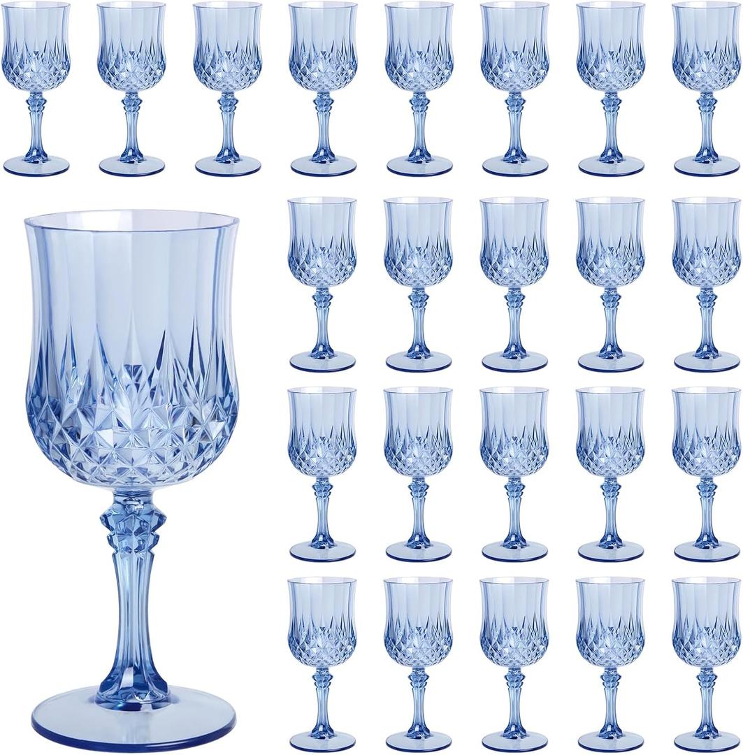 Plastic Wine Glasses Set of 24, 7.7 oz Reusable Plastic Goblets, Hard Plastic Stemware for Wedding, Party, Events, Elegant Shatterproof Drinking Glasses, Blue