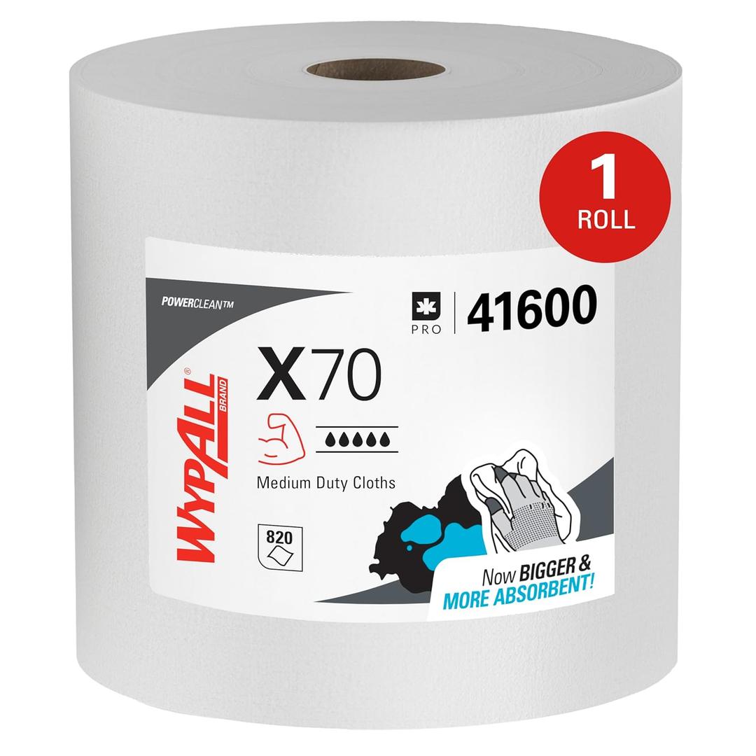 WypAll Power Clean X70 Cloths Medium Duty Wipes (41600), Jumbo, Long Lasting Towels, White (1 Roll of 870 Sheets, 870 Sheet Total)