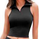 HyMeYou Women Workout Crop Top Built in Bra Ribbed Athletic Tank Tops Casual Sleeveless Collar Shirts Padded Sports Yoga Vest, Size Extra Large, Black
