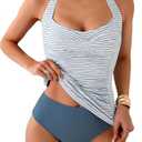 Eomenie Womens Halter Tankini Bathing Suit Ruched Tummy Control Two Piece Swimsuit with Bottom, M