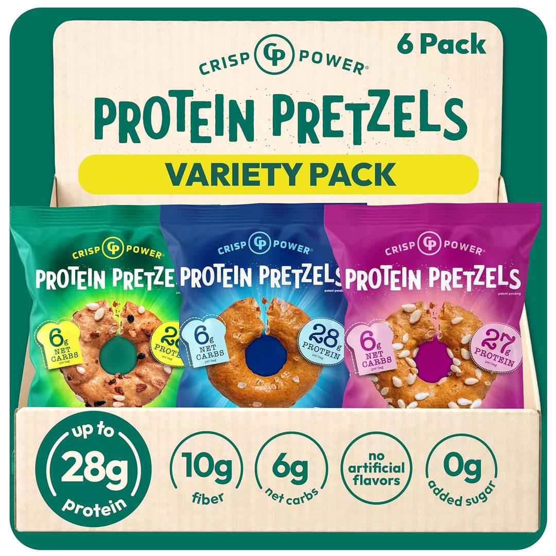 CRISP POWER Protein Pretzels, Variety Pack With Sea Salt, Sesame, & Everything, Up To 28G Protein, High Protein Snack, High Fiber, Low Carb Crunchy Pretzel Snacks, No Added Sugar, 1.75 oz Bags, 6 Pack, Vegan, Keto