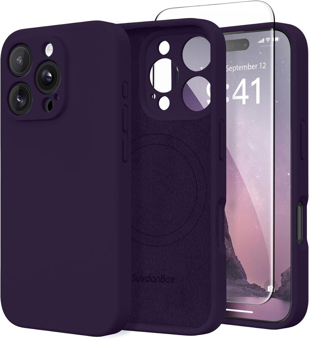 Magnetic for iPhone 16 Pro Case, Compatible with MagSafe, [Full Camera Protection][Screen Protector] Silicone Shockproof Protective Phone Case for iPhone 16 Pro 6.3", Deep Purple