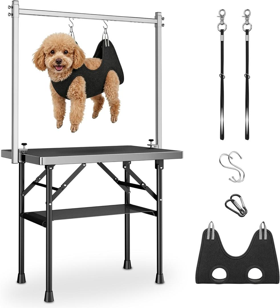 pickpiff Dog Grooming Table with Arm, 35.5" L×23.6" W x 30" H Foldable Heavy Duty Pet Grooming Station with Adjustable 33.5" Height Arm, Hammock & Nooses, Tray, Non-Slip Waterproof Tabletop