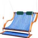 SANIWERKE Porch Swing for 2, Double Hammock Swing with Footrest & S-Armrest, Adjustable Hanging, Durable Rope Net&Thick Wood, 650LBS, 50" Wide, Luxe Reclining Duo Swing for Patio Porch(Coastal Blue)